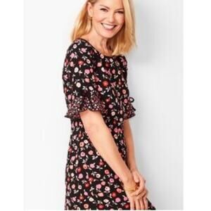 Talbots 10P Black Short Sleeve Floral Feminine Office Work Church